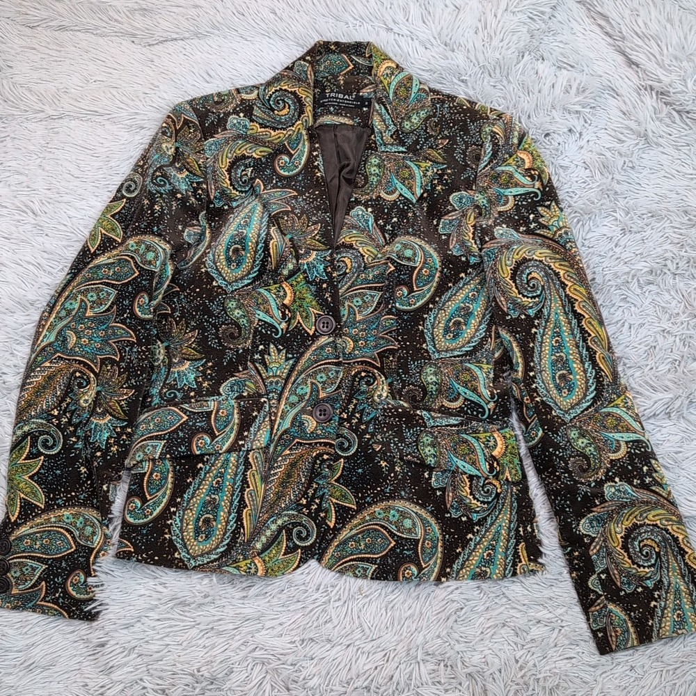 Tribal Jacket Womens 2 Brown Blazer Boho Gypsy Soft Pockets Button Up Career